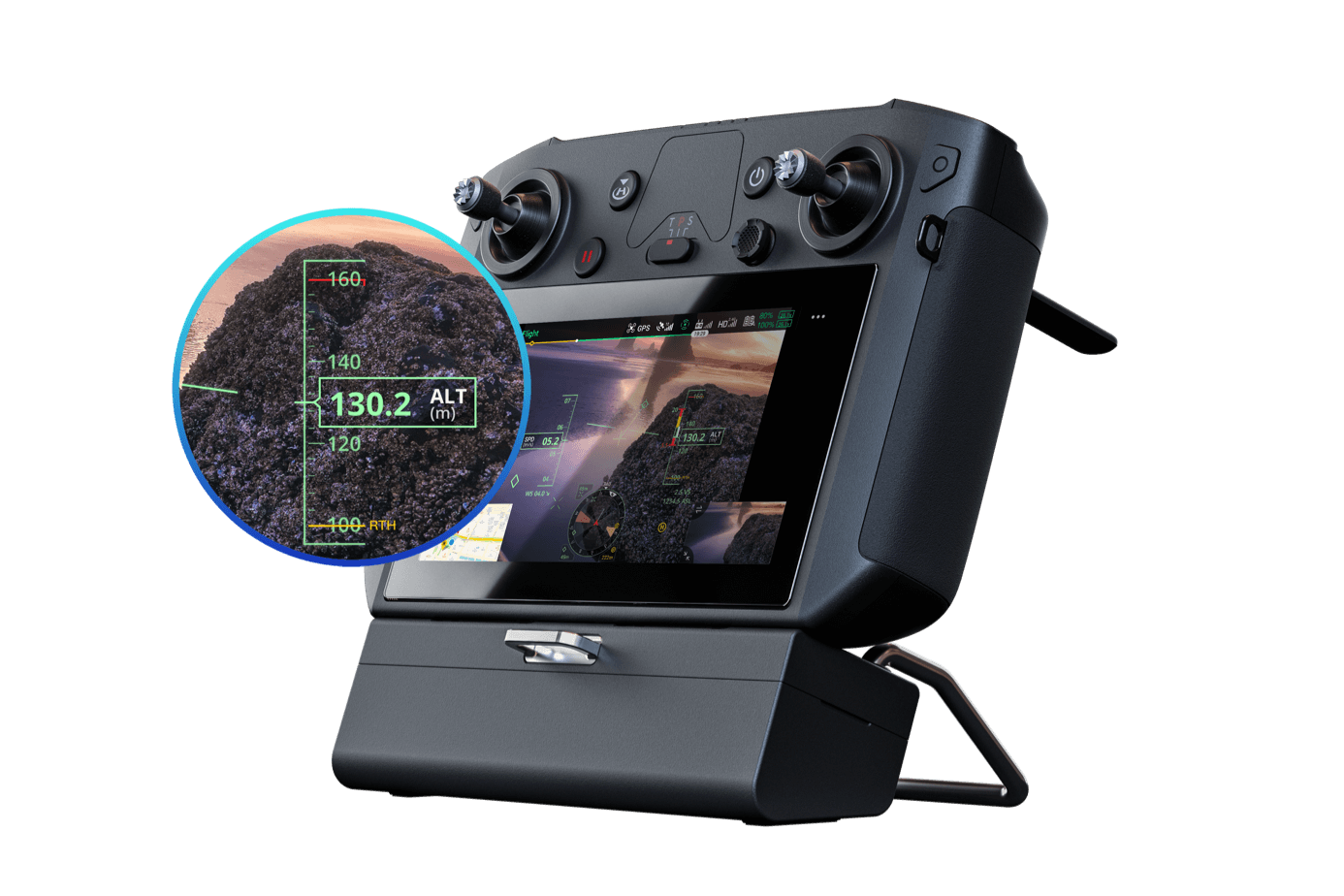 High-tech drone remote controller featuring dual control sticks, multiple function buttons, and a built-in high-resolution display. The screen shows real-time flight data, including altitude and terrain details, with a zoomed-in overlay for precise navigation.