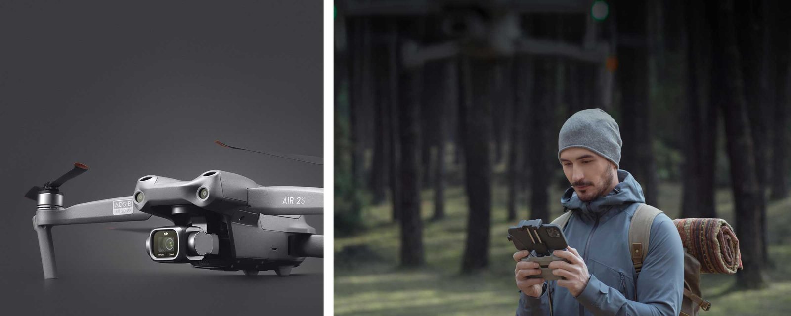 On the left, a man wearing a gray hoodie and backpack uses a remote controller in a forest, showcasing the DJI Air 2S's advanced image transmission technology with smooth 1080p feeds up to 12 km. On the right, a breathtaking cityscape at sunset, demonstrating the rich clarity and authentic color tones of the DJI Air 2S's 5.4K video capabilities.