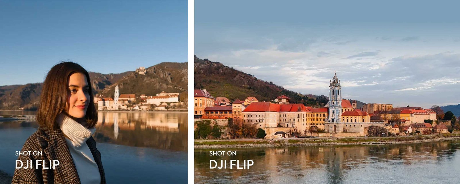 A scenic view of a historic European town with red-roofed buildings, a blue and white church tower, and a river in the foreground, captured with a DJI Flip drone.