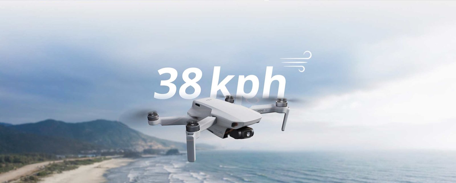 MINI 4K drone with a 3-axis gimbal in flight, showcasing strong performance features including 32,800ft video transmission, up to 93-minute max flight time, 38kph wind resistance, and brushless motors.