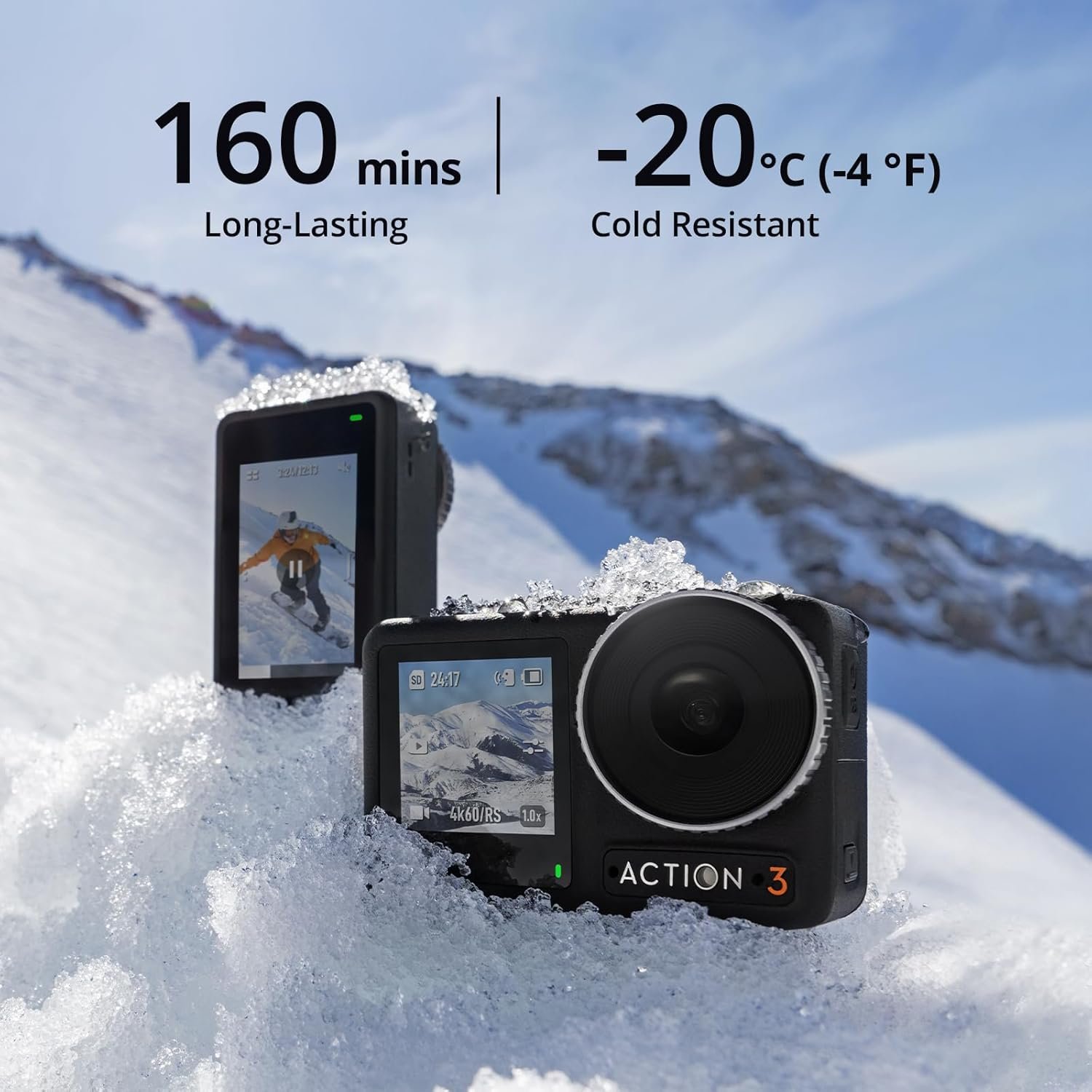 Two DJI Osmo Action 3 cameras are partially buried in the snow, emphasizing their durability. The text highlights "160 mins Long-Lasting" battery life and "-20°C (-4°F) Cold Resistant" capability. The background showcases a snowy mountain landscape.