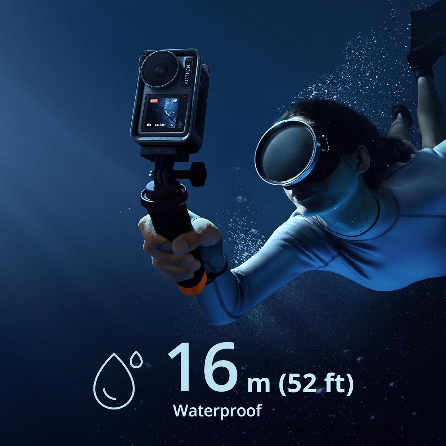 A diver captures underwater footage with a DJI DJI Osmo Action 3 camera. The text emphasizes the camera’s waterproof capability, stating "16m (52ft) Waterproof." The dark blue underwater setting enhances the rugged appeal of the camera.