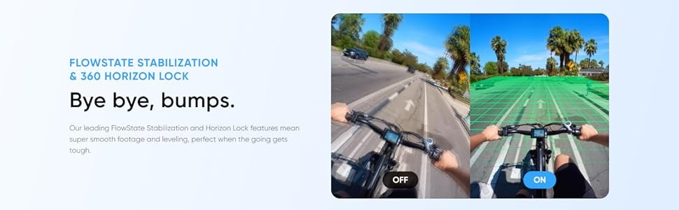 A side-by-side comparison of footage captured while cycling, showing the difference between stabilization turned off (blurry) and on (smooth) using FlowState Stabilization & 360 Horizon Lock.