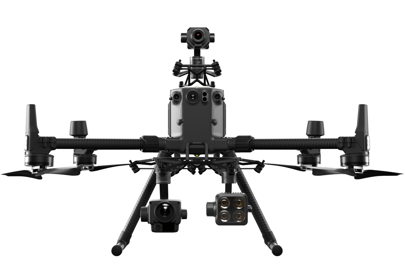 Front view of an industrial-grade drone equipped with multiple high-performance cameras and sensors, designed for advanced aerial surveillance, inspections, and data collection.