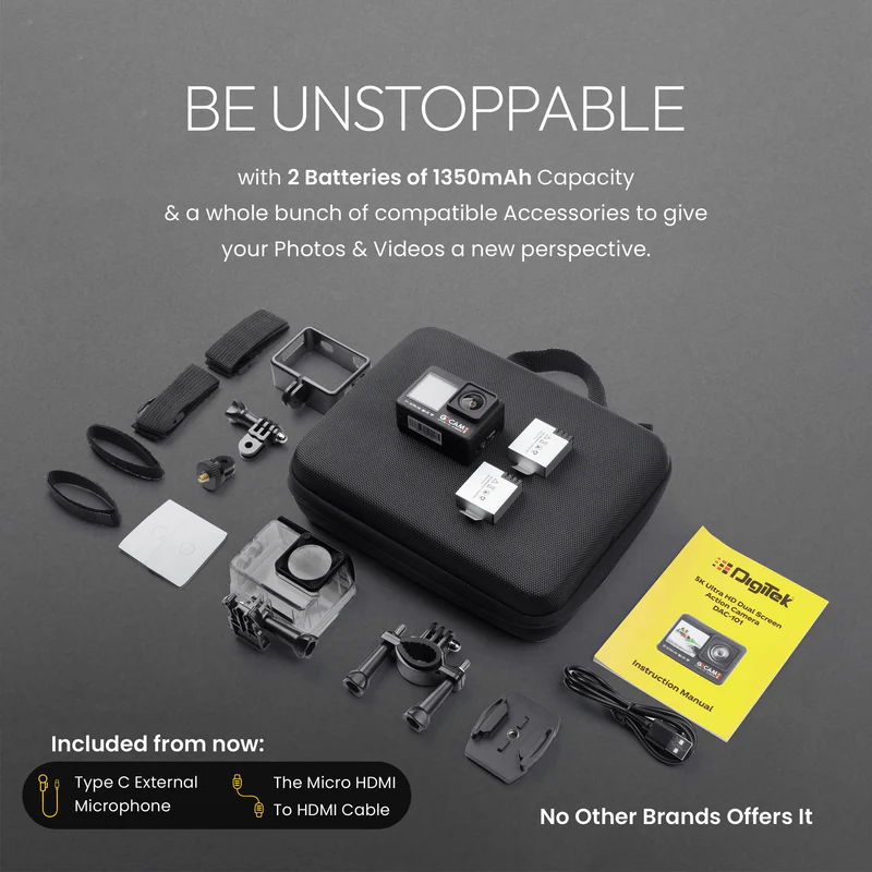 digitek gocam dac 101 5k 30fps 48mp wifi ultra hd sports action cameraor dual touchscreenor6 axis gyro eis stabilization or mic support waterproof or 2 batteries black digitek 3 34021576507625
