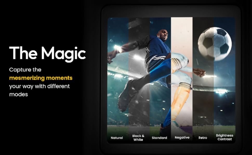 Digitek GoCAM DAC-101 Action camera screen showing different filter modes on a footballer’s kick, highlighting capture options like Natural, B&W, Standard, Negative, Retro, and Brightness Contrast.