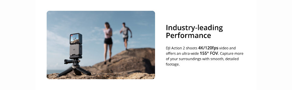 A compact DJI Action 2 action camera mounted on a tripod, capturing two people running on a rocky terrain, emphasizing its wide-angle 4K/120fps recording capabilities.