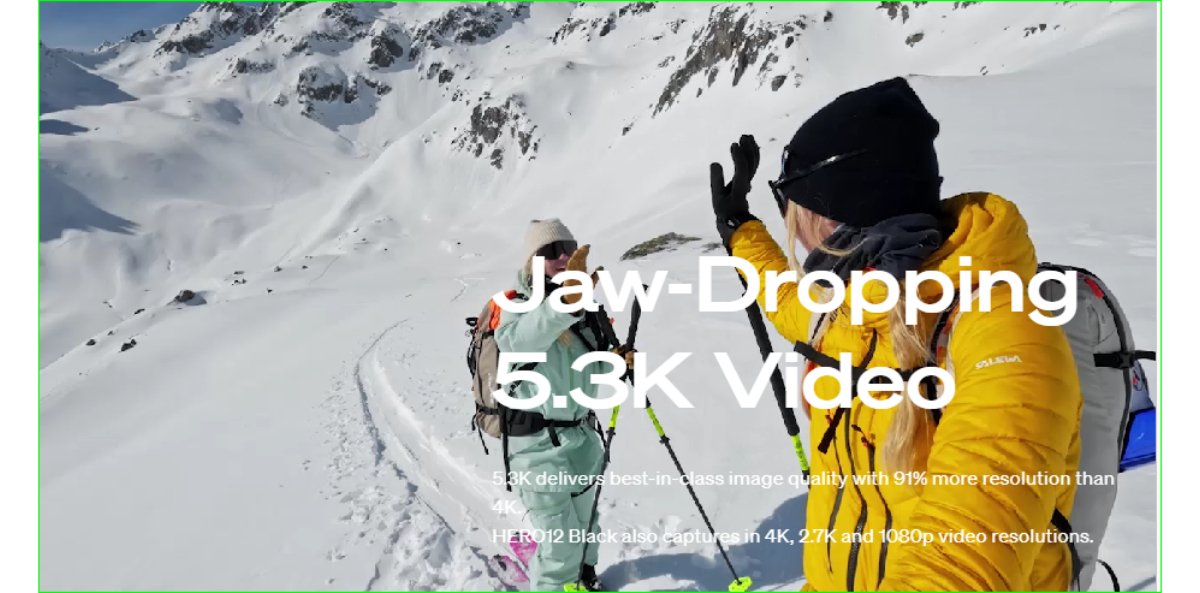Two adventurers in snowy mountains high-fiving, showcasing GoPro's 5.3K video quality with sharp details and vibrant colors. Text overlay highlights the camera’s high resolution and additional video options like 4K, 2.7K, and 1080p. 