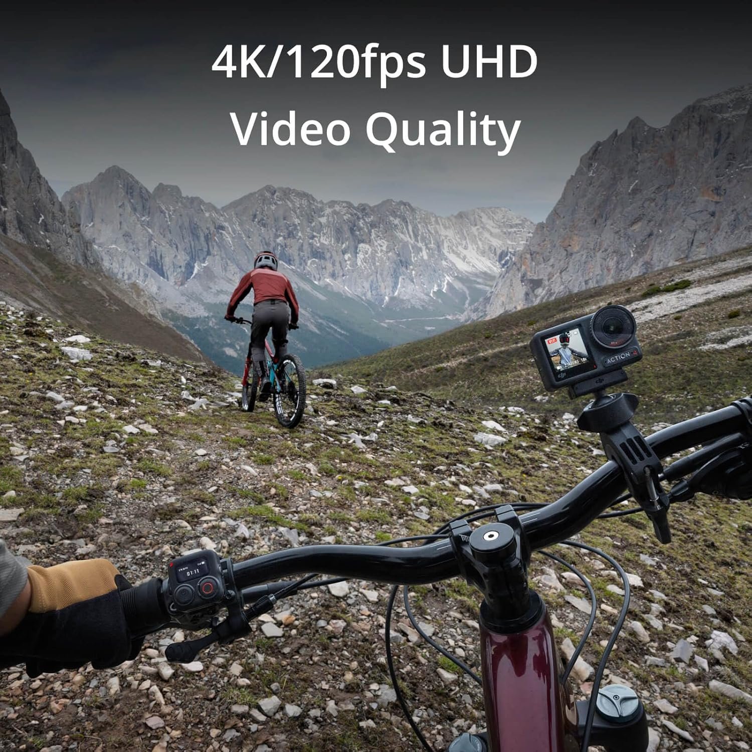 DJI Osmo Action 4 Adventure Combo set in bycyle and another person drive bycyle in front and action camera recording video. 